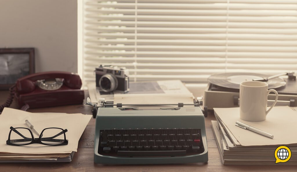 1980s - typewriter, record player, dial phone, analog camera