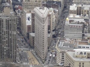Aerial view of the iconic Flatiron Building in Manhattan, New York City, USA