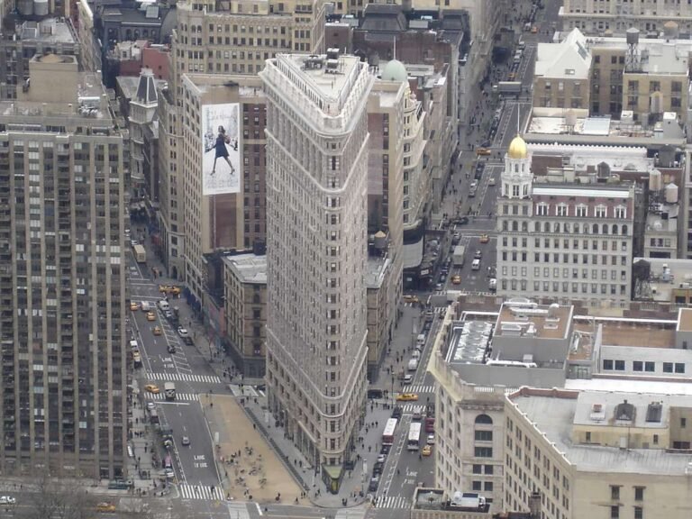 Aerial view of the iconic Flatiron Building in Manhattan, New York City, USA