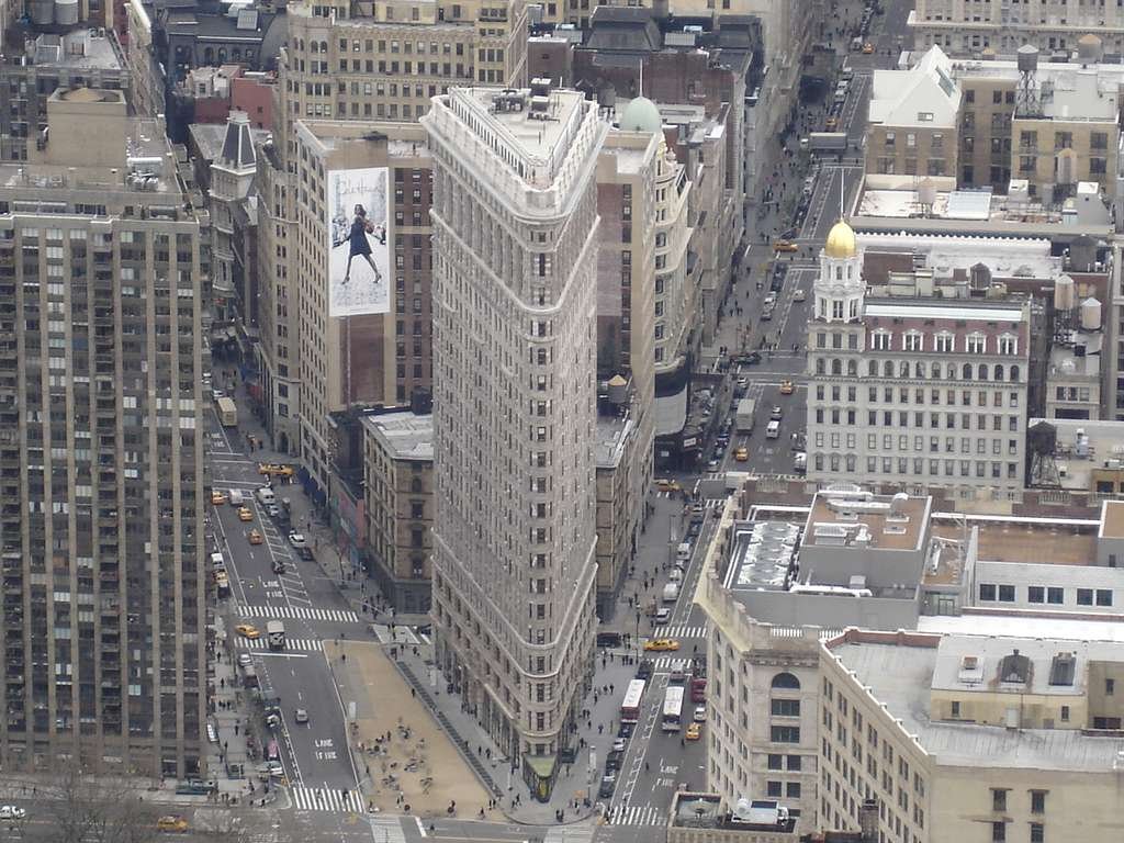 Aerial view of the iconic Flatiron Building in Manhattan, New York City, USA