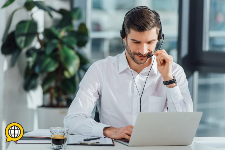 Interpreter with headset and notebook.