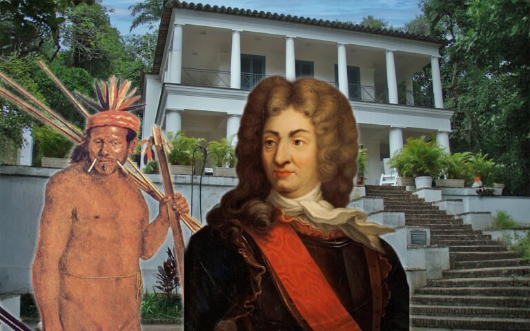 Indigenous Brazilian and René Duguay-Trouin in front of Solar Grandjean de Montigny in Gávea, Rio de Janeiro